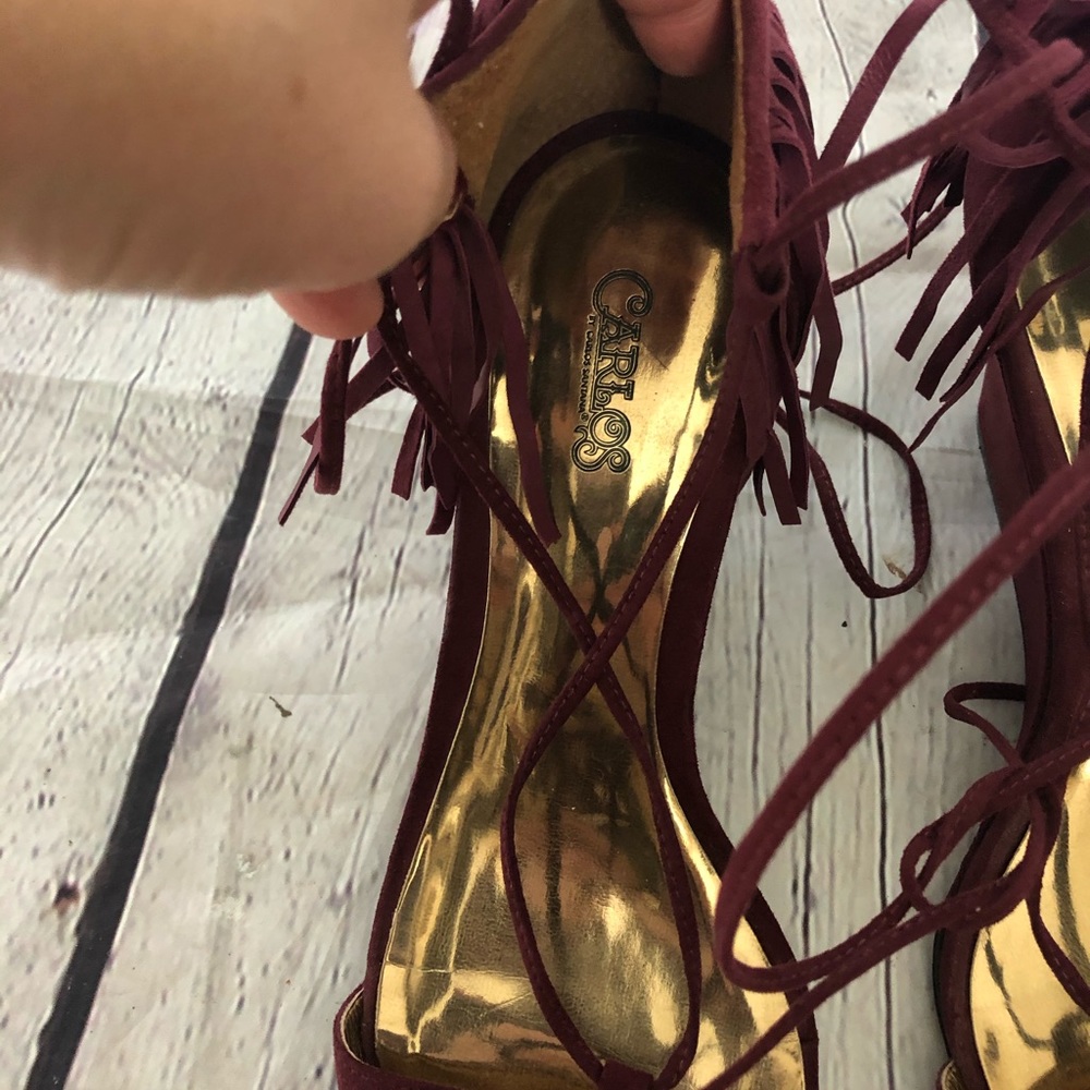 Carlos Santana Burgundy Sandy Fringe Wedge Sandals - Picture 6 of 7